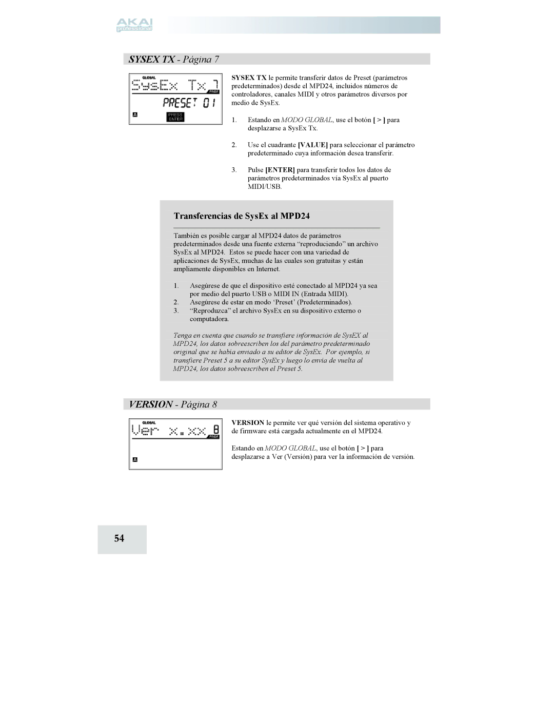 Akai manual Sysex TX Página, Transferencias de SysEx al MPD24 