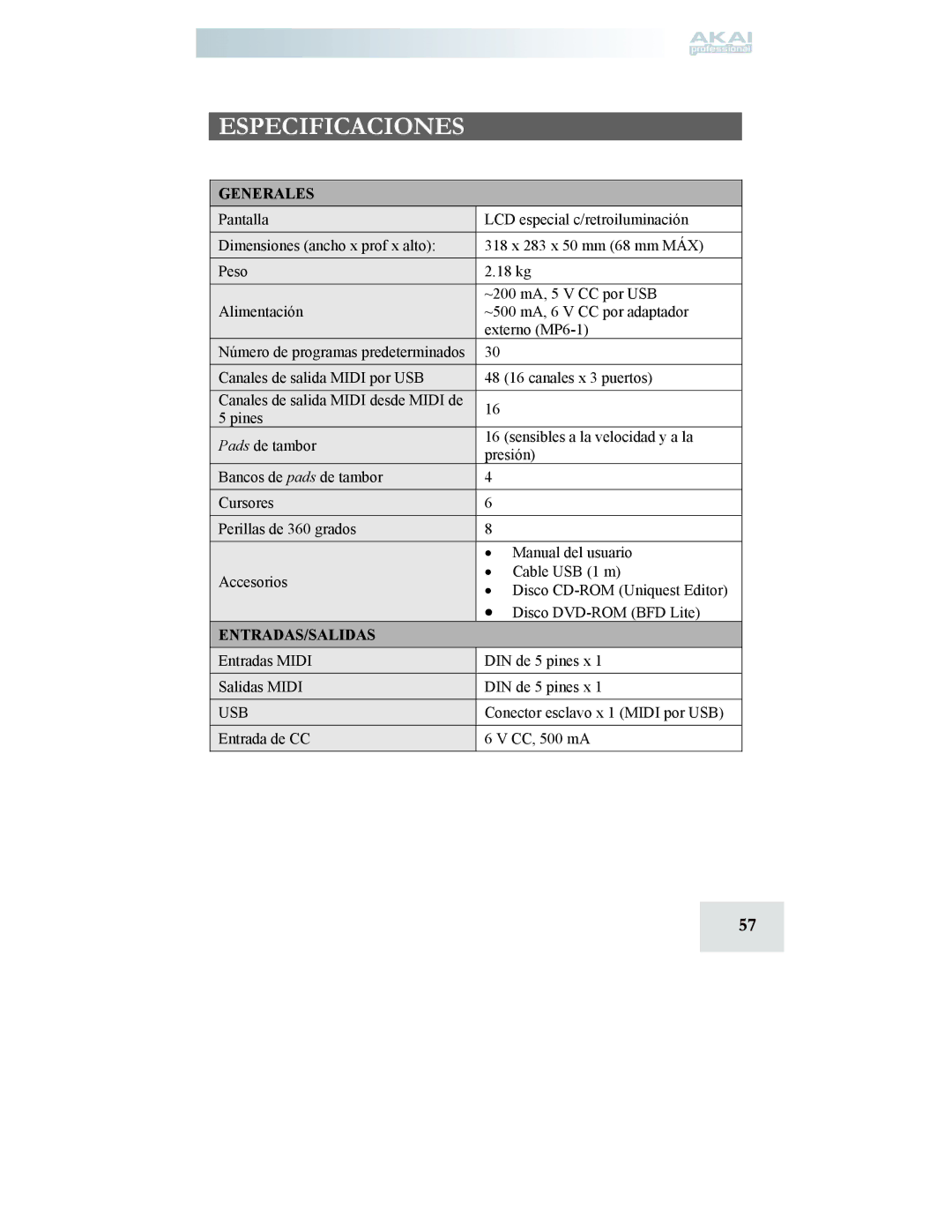 Akai MPD24 manual Especificaciones, Generales, Entradas/Salidas 