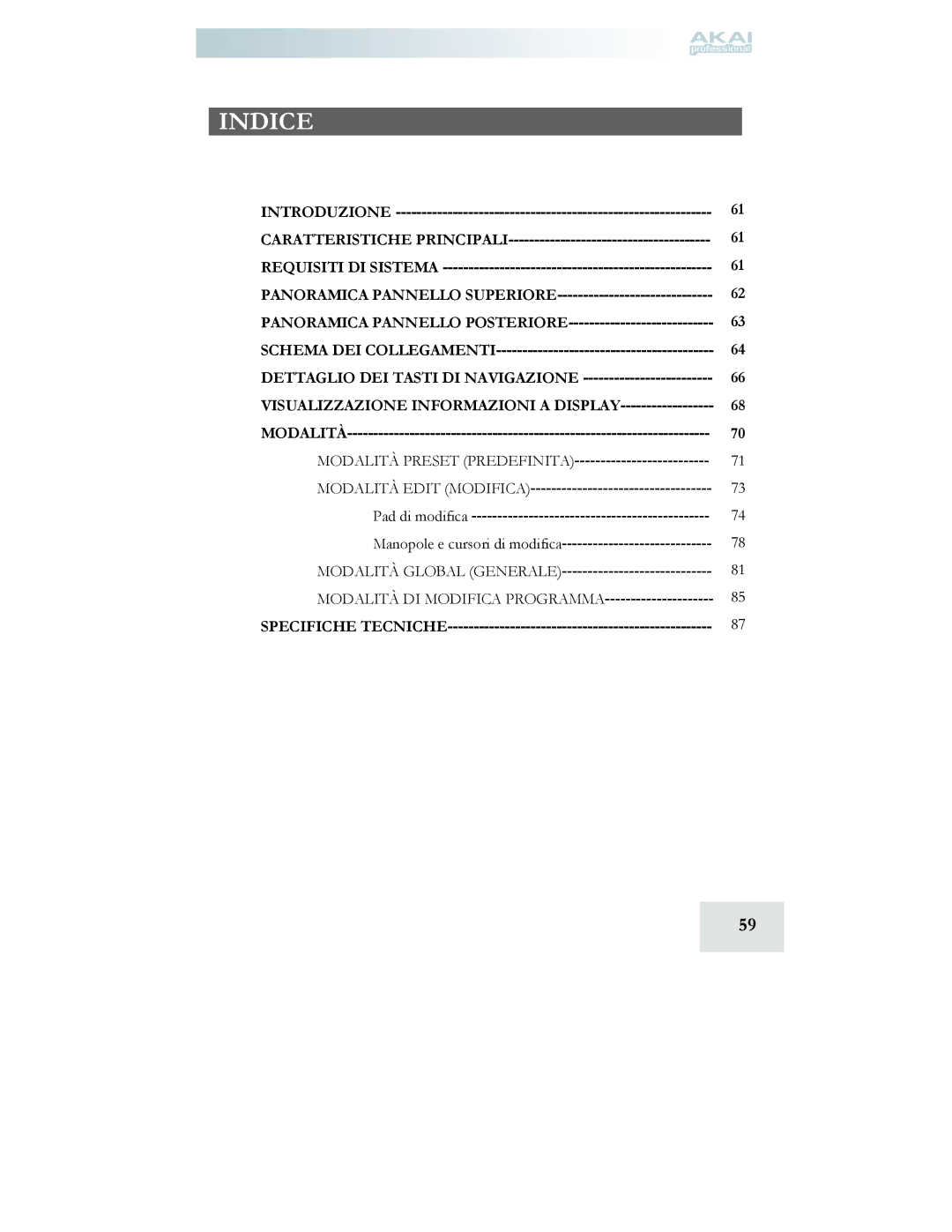 Akai MPD24 manual Indice, Visualizzazione Informazioni a Display, Modalità DI Modifica Programma 