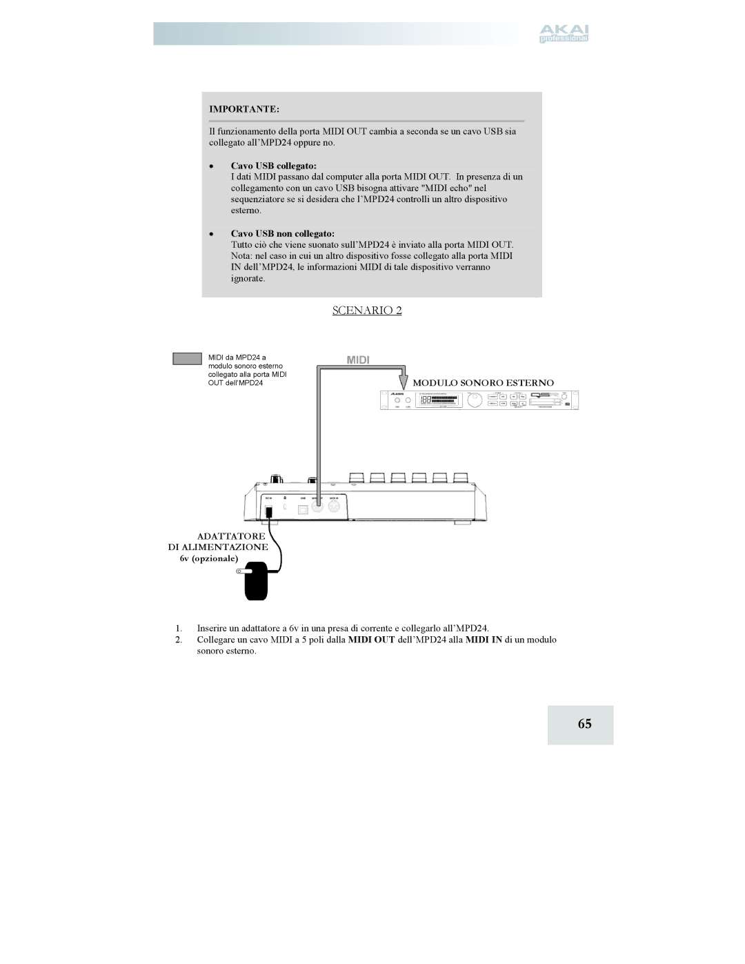 Akai MPD24 manual Cavo USB collegato, Cavo USB non collegato 