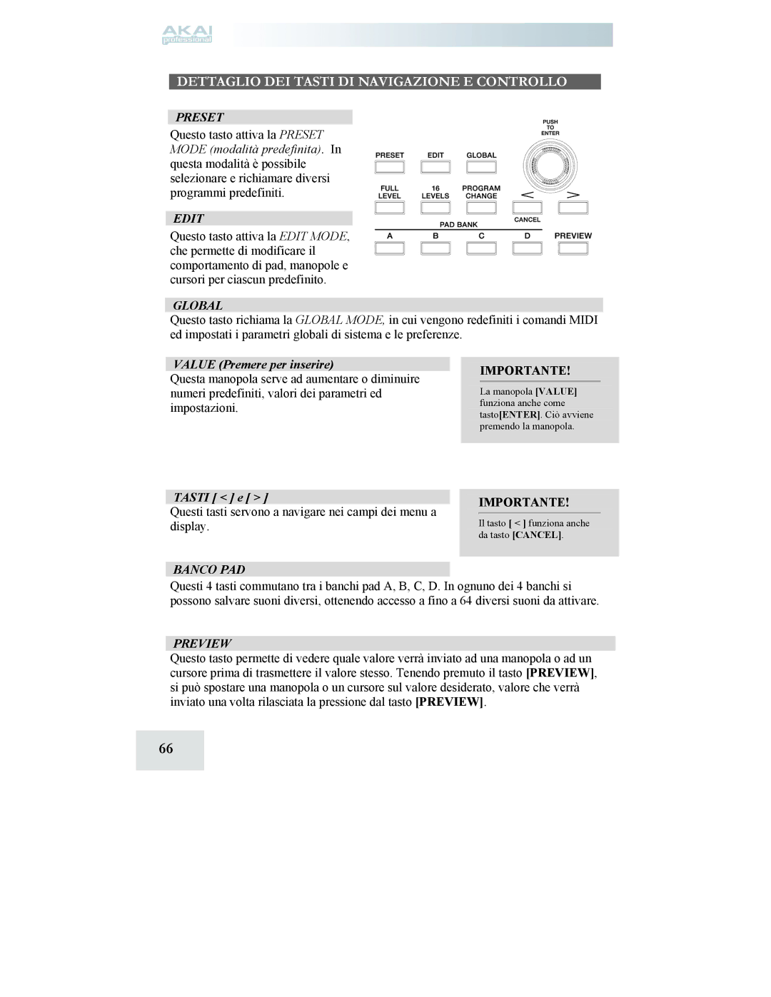 Akai MPD24 manual Value Premere per inserire, Tasti e, Banco PAD 