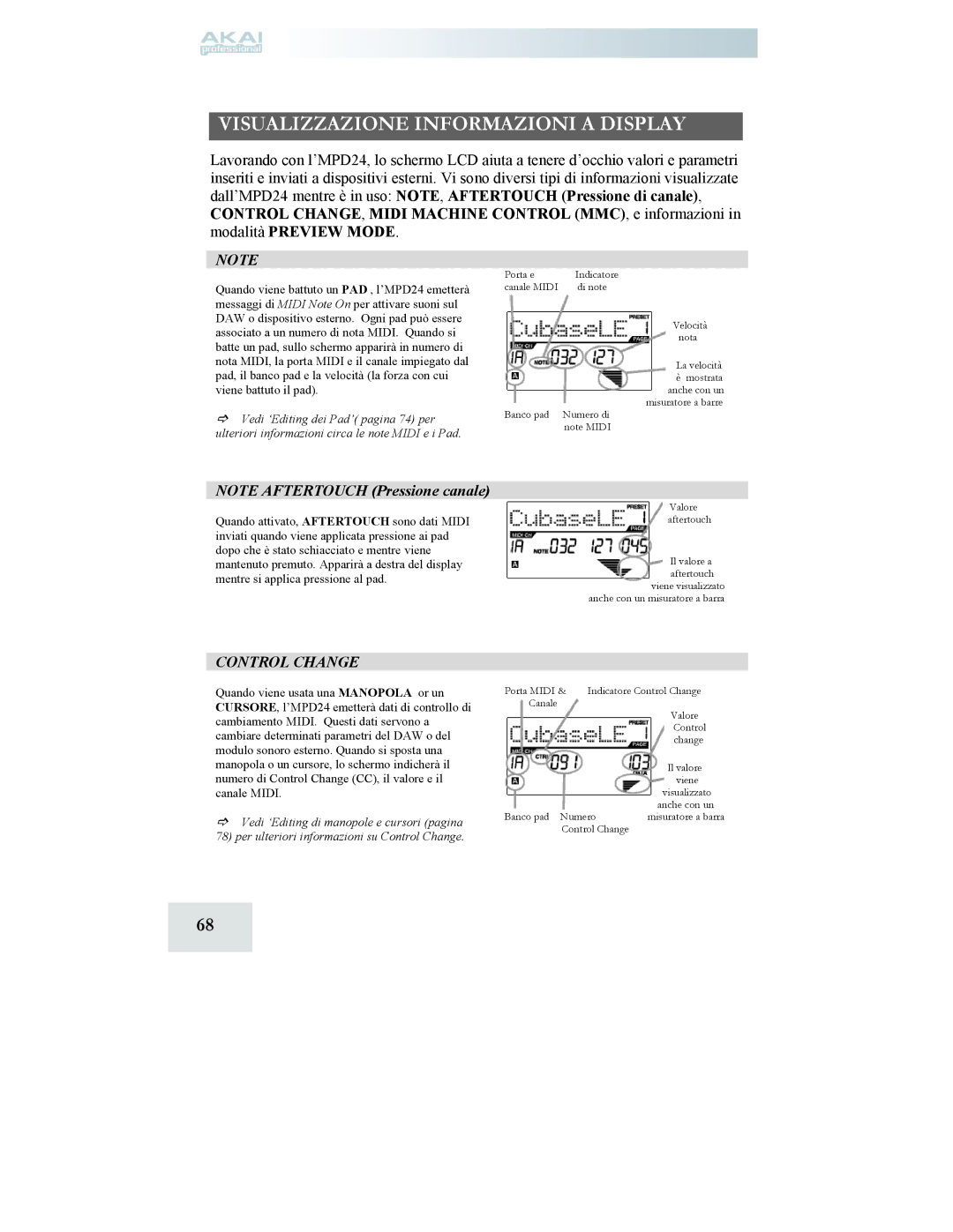 Akai MPD24 manual Visualizzazione Informazioni a Display 