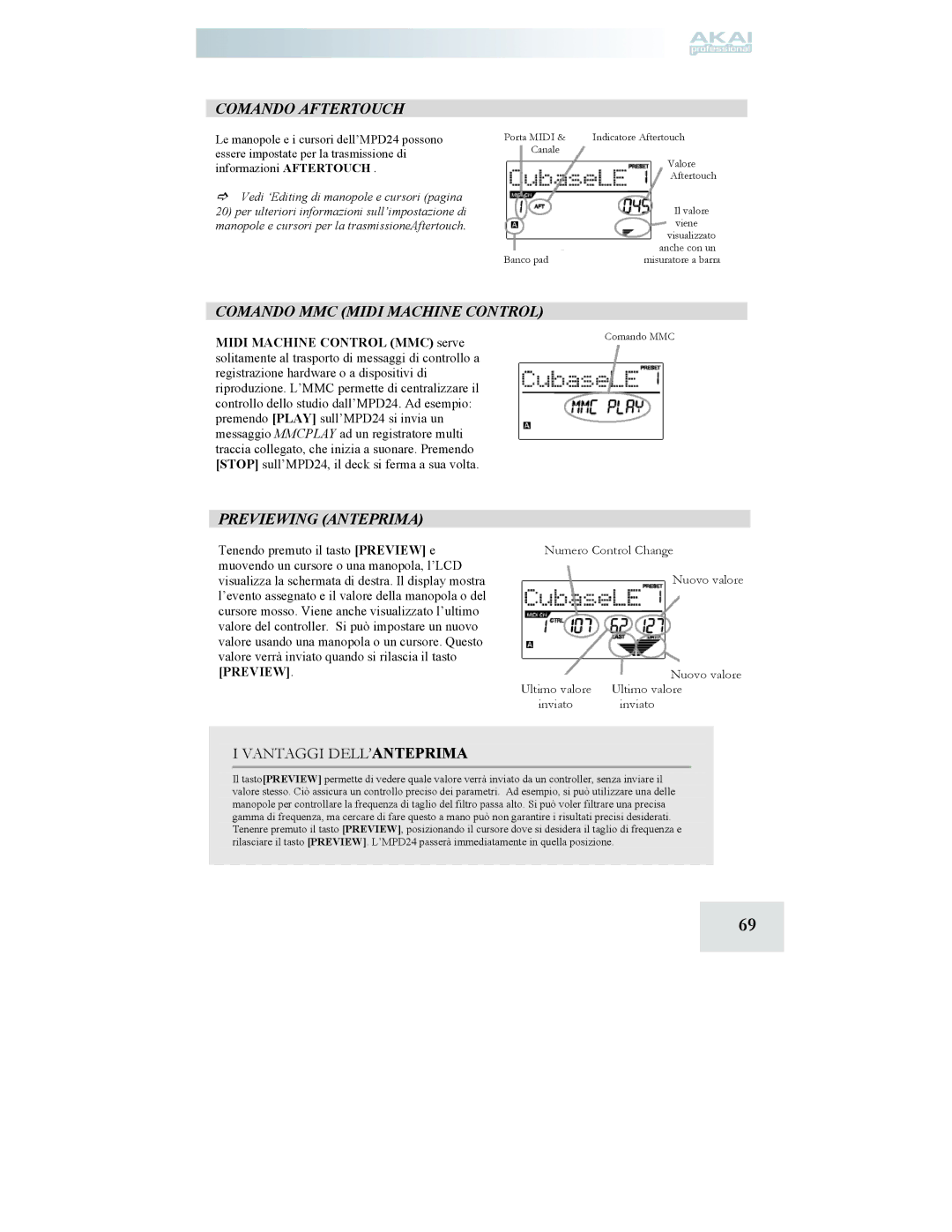 Akai MPD24 Comando Aftertouch, Comando MMC Midi Machine Control, Previewing Anteprima, Midi Machine Control MMC serve 