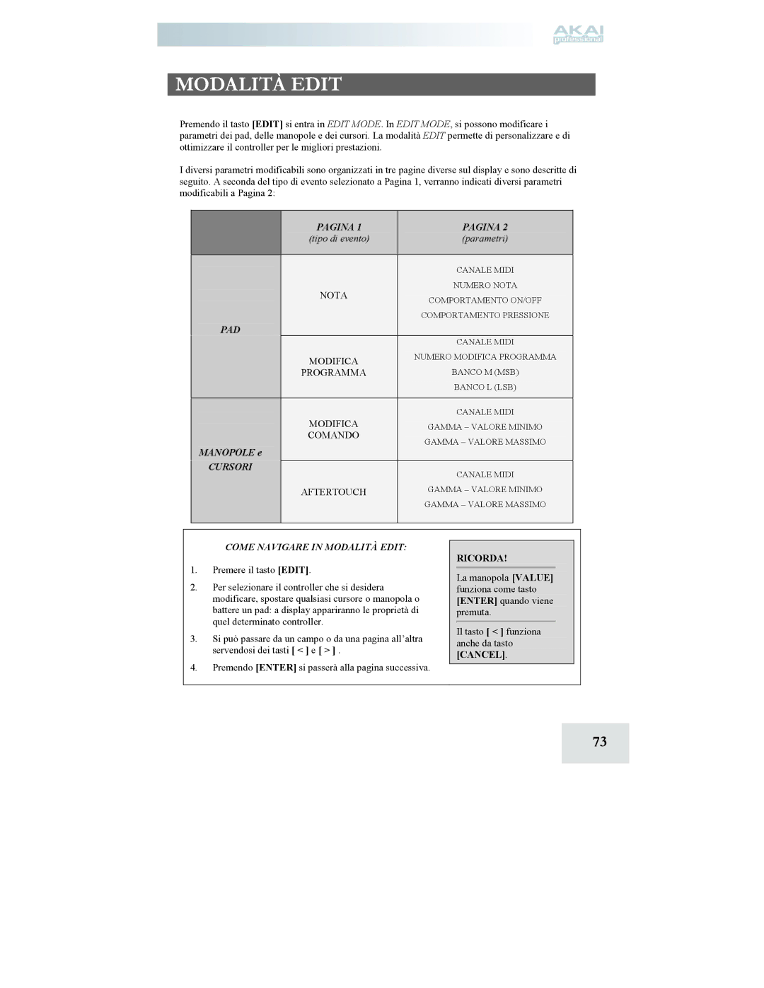 Akai MPD24 manual Modalità Edit, Premere il tasto Edit, Il tasto funziona anche da tasto Cancel 