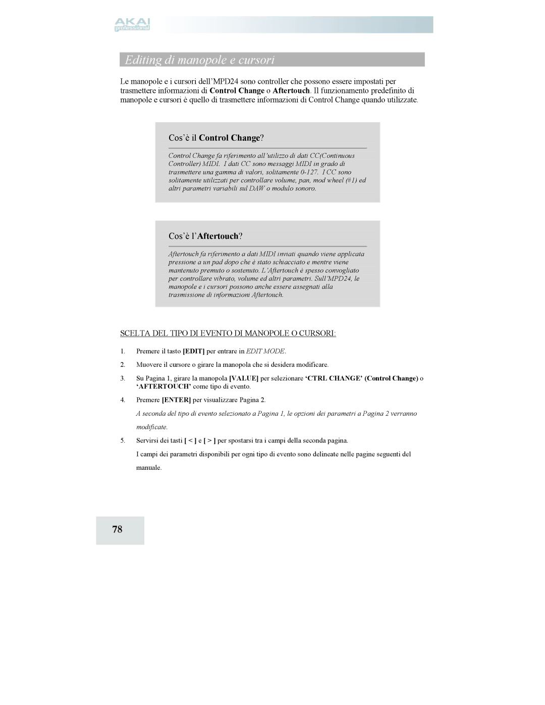 Akai MPD24 manual Cos’è il Control Change?, Cos’è l’Aftertouch? 