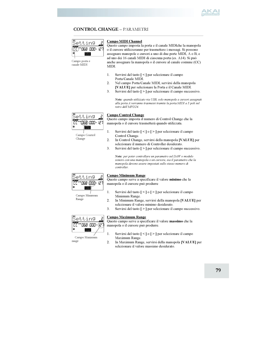 Akai MPD24 manual Control Change Parametri, Campo Control Change, Campo Minimum Range, Campo Maximum Range 