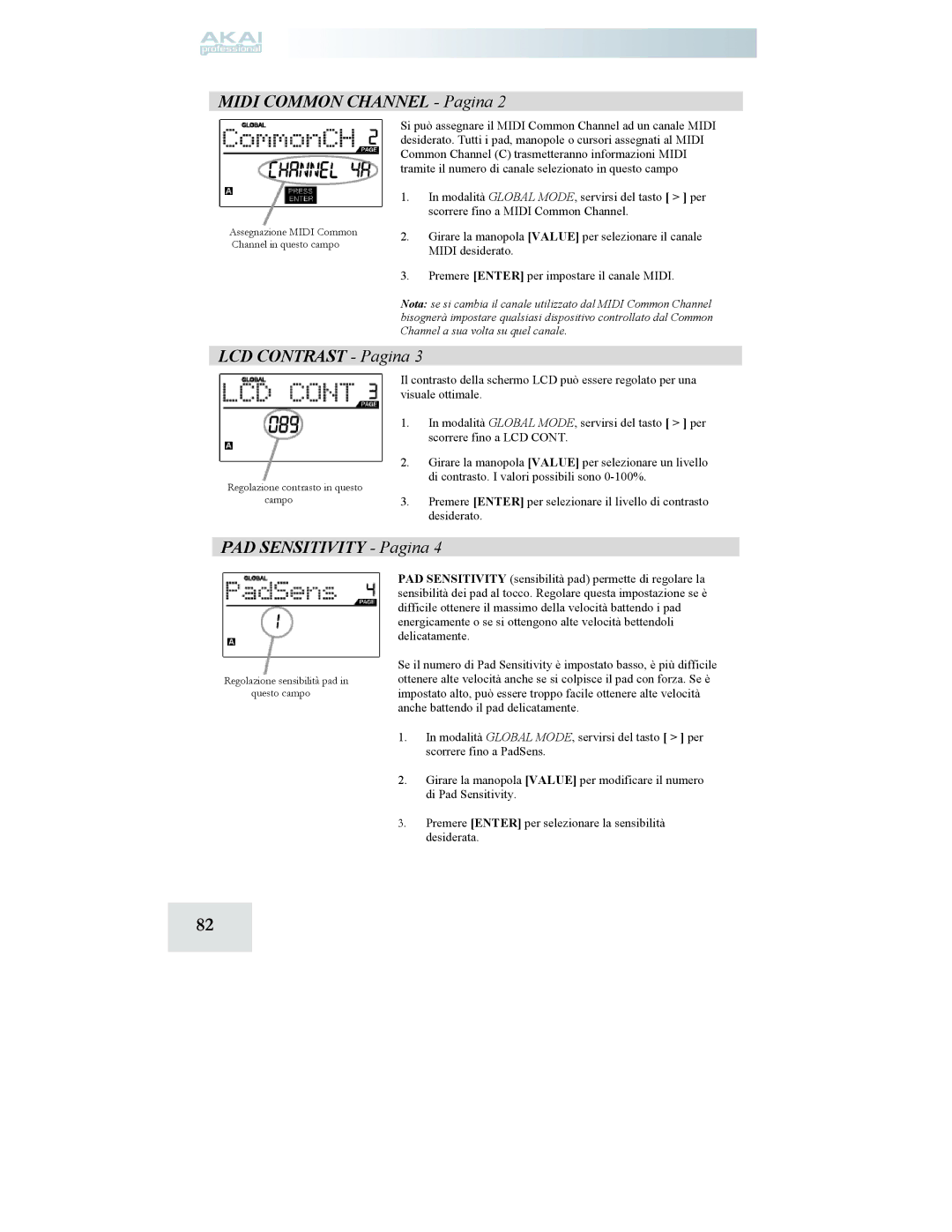 Akai MPD24 manual Midi Common Channel Pagina, LCD Contrast Pagina, PAD Sensitivity Pagina 