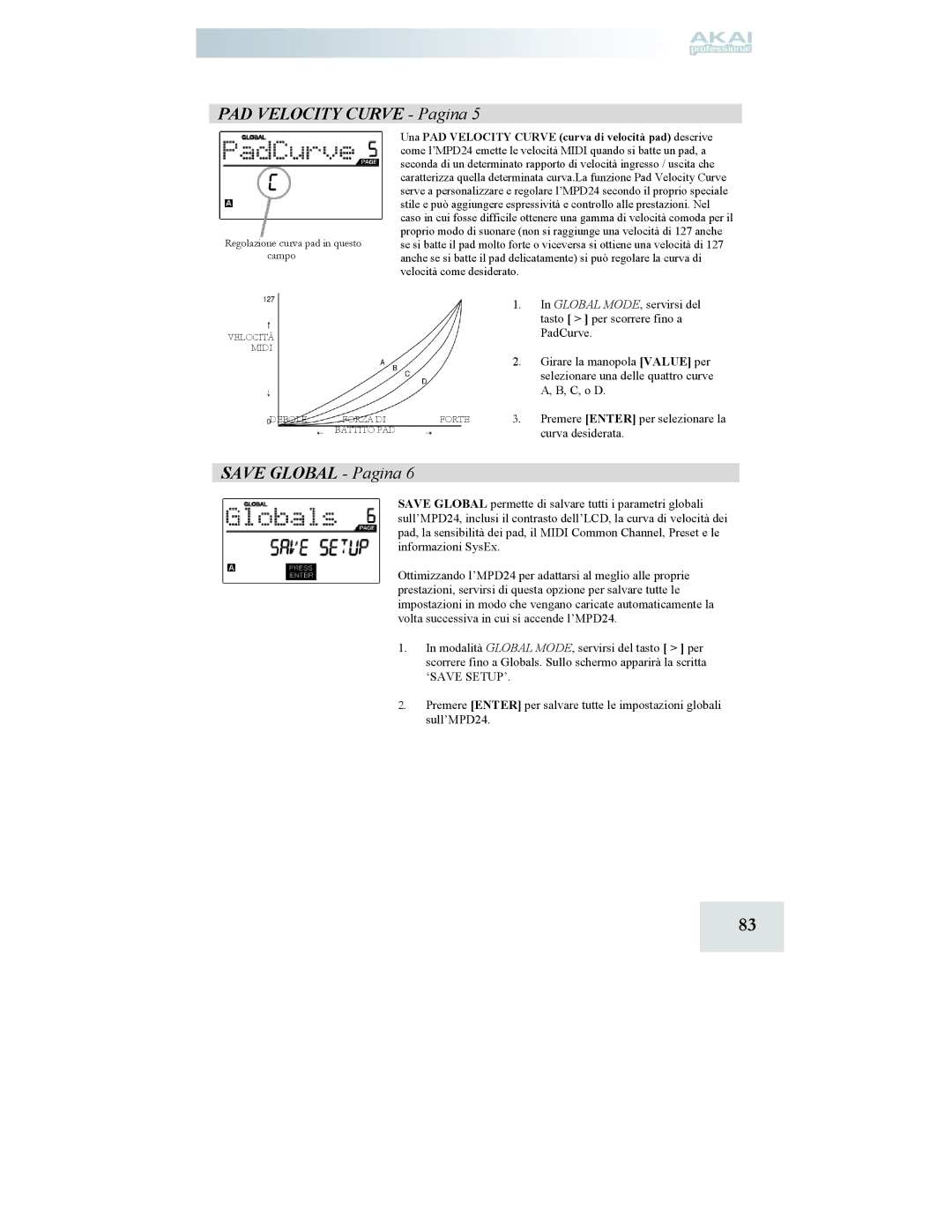 Akai MPD24 manual PAD Velocity Curve Pagina, Save Global Pagina, Curva desiderata 