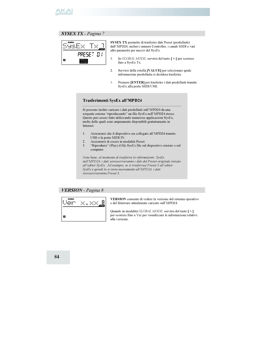 Akai manual Sysex TX Pagina, Trasferimenti SysEx all’MPD24 