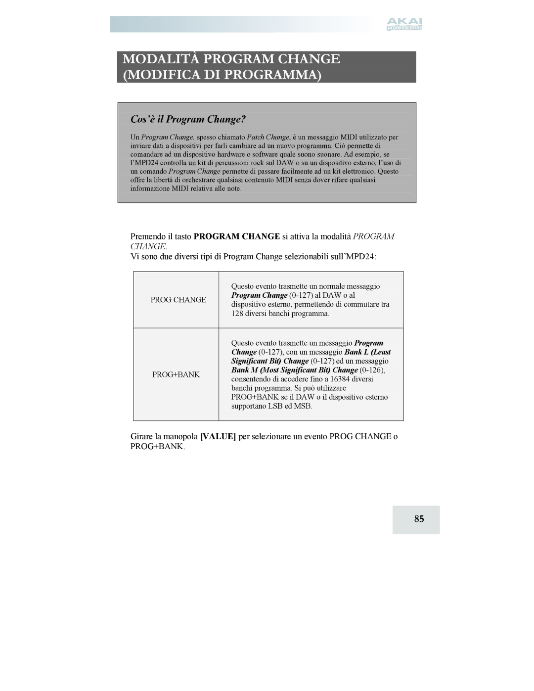 Akai MPD24 manual Modalità Program Change Modifica DI Programma, Cos’è il Program Change? 