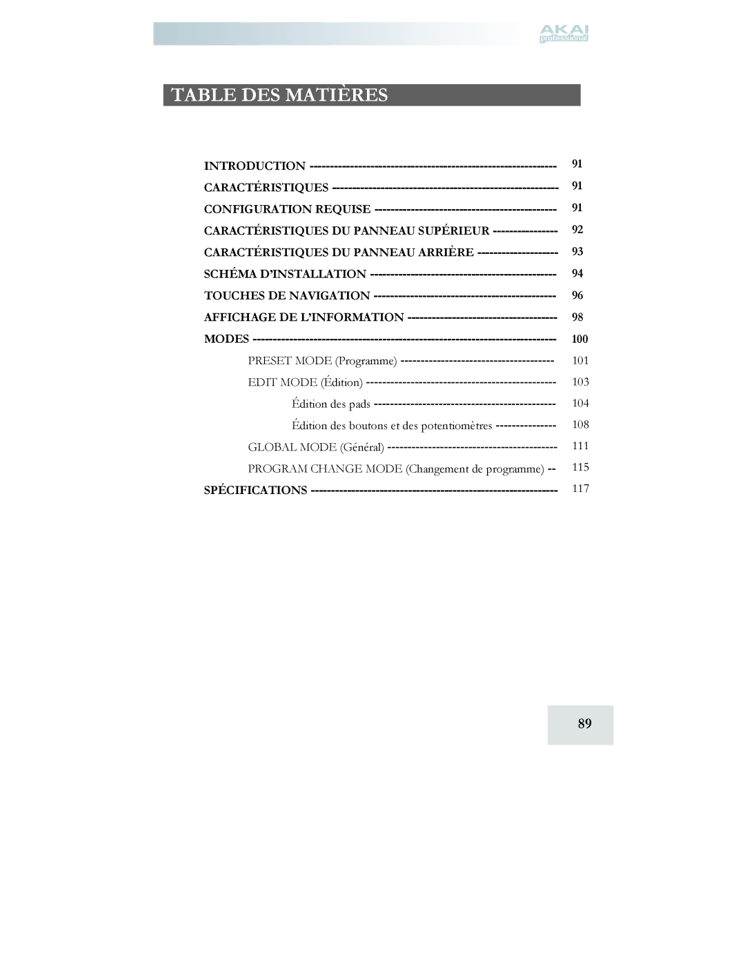 Akai MPD24 manual Table DES Matières 