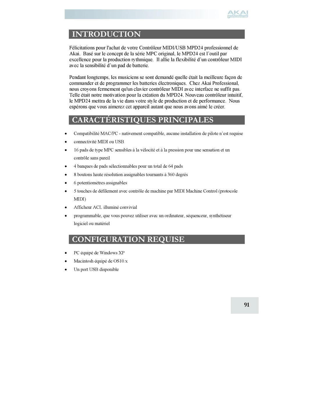 Akai MPD24 manual Caractéristiques Principales, Configuration Requise 