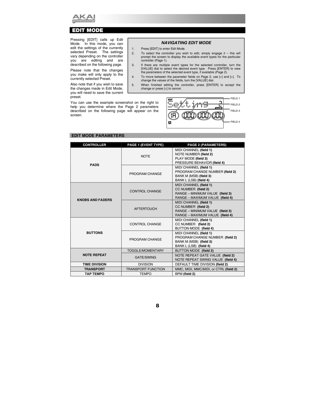 Akai MPD26 manual Navigating Edit Mode, Edit Mode Parameters 