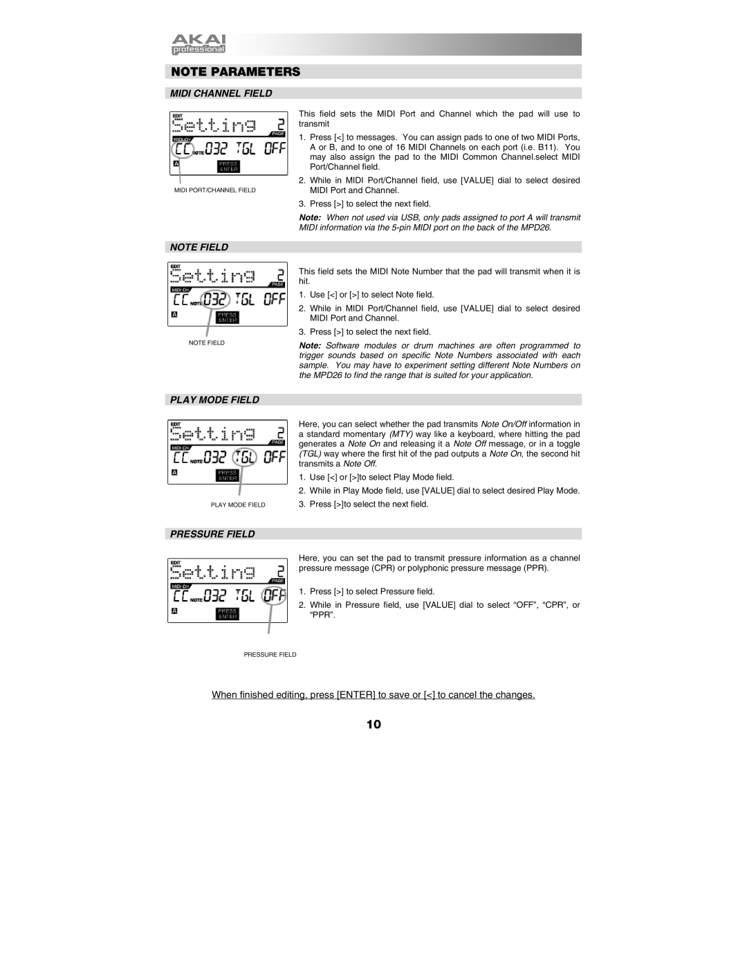 Akai MPD26 manual Midi Channel Field, Play Mode Field, Pressure Field 