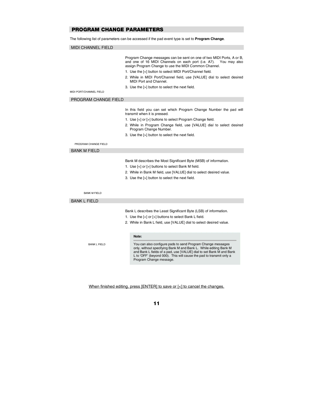 Akai MPD26 manual Program Change Field, Bank M Field, Bank L Field 