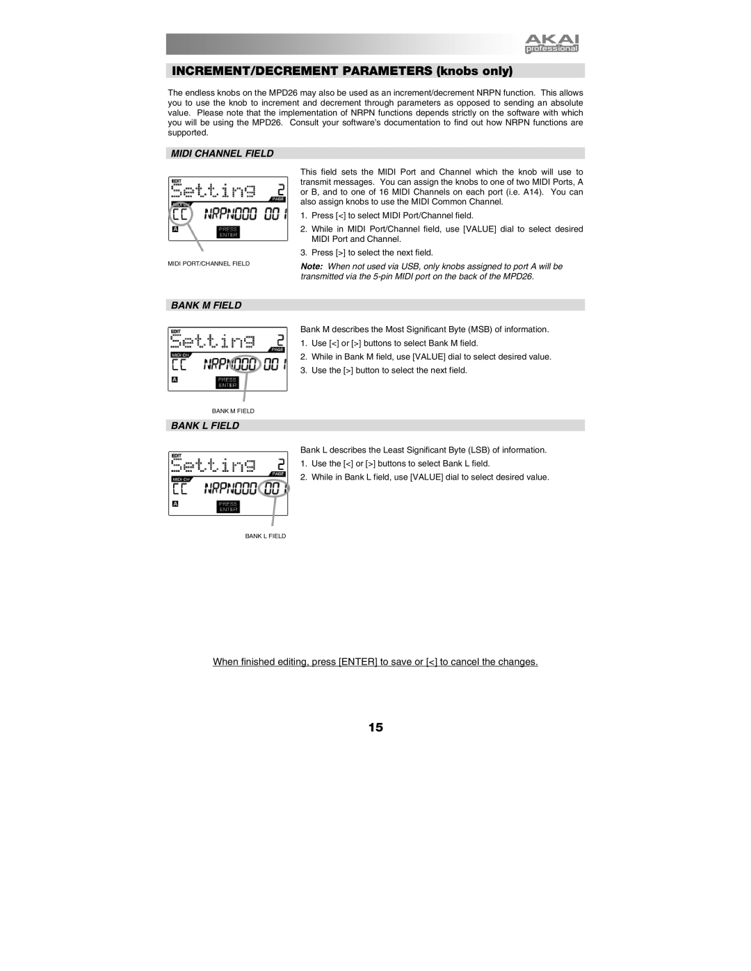 Akai MPD26 manual INCREMENT/DECREMENT Parameters knobs only 