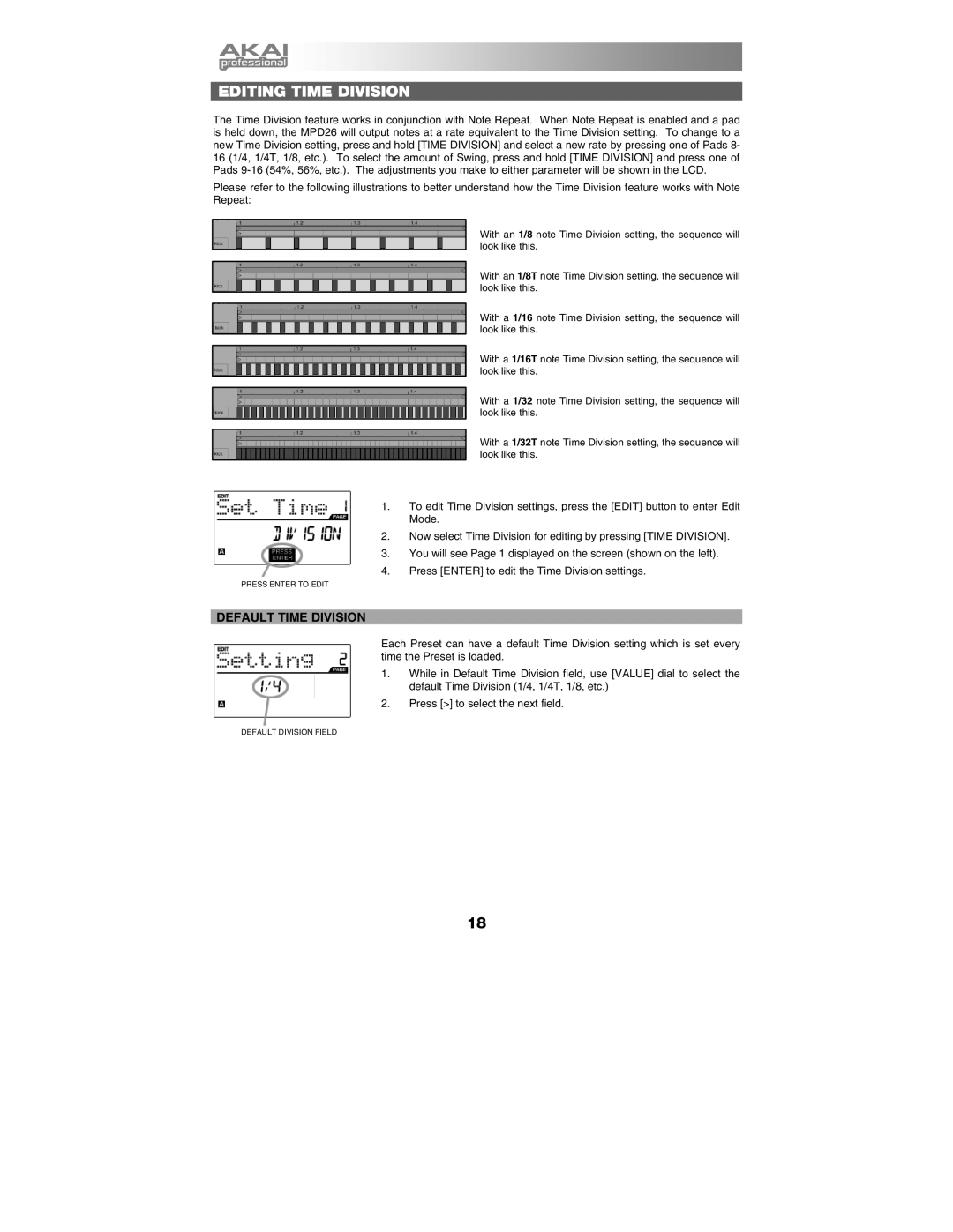 Akai MPD26 manual Editing Time Division, Default Time Division 