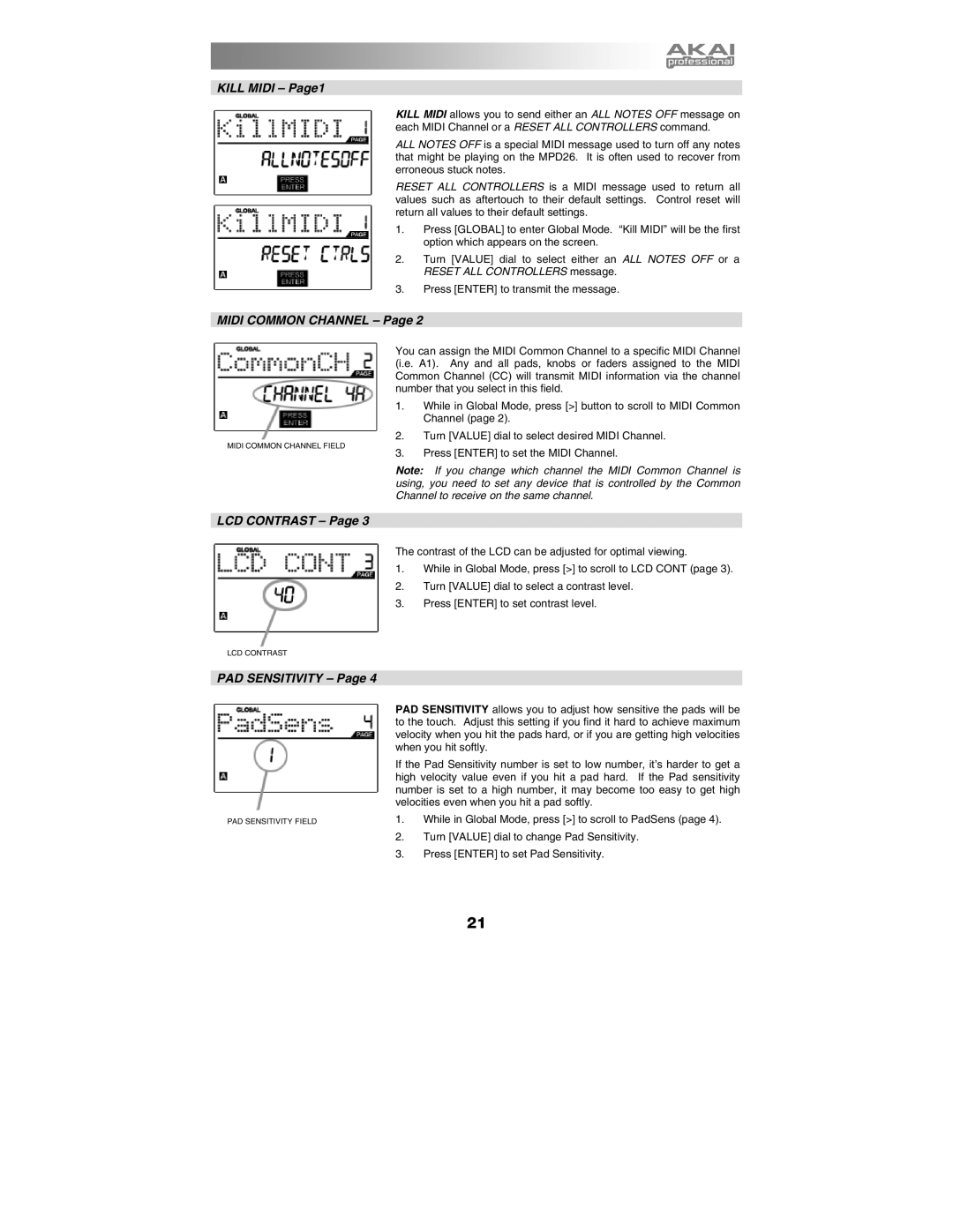 Akai MPD26 manual Kill Midi Page1 