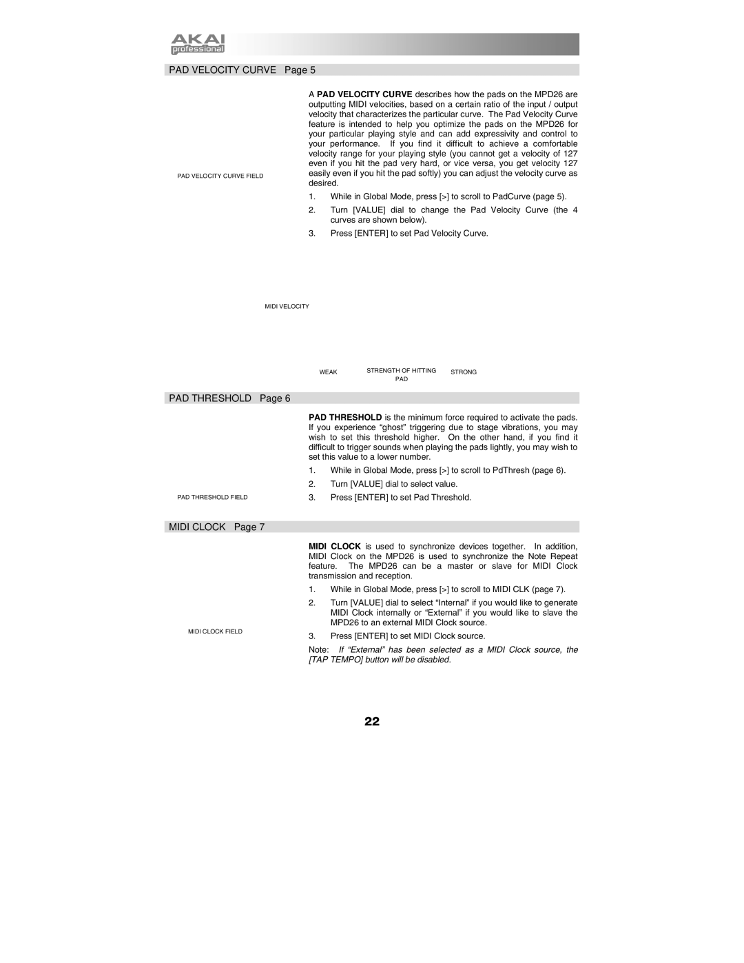 Akai MPD26 manual PAD Velocity Curve 