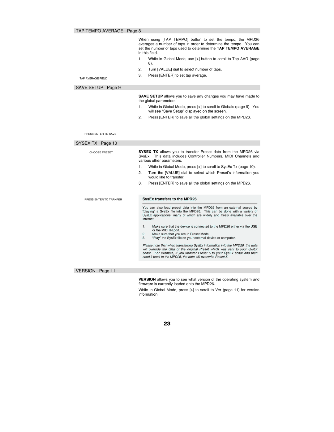 Akai manual TAP Tempo Average, SysEx transfers to the MPD26 