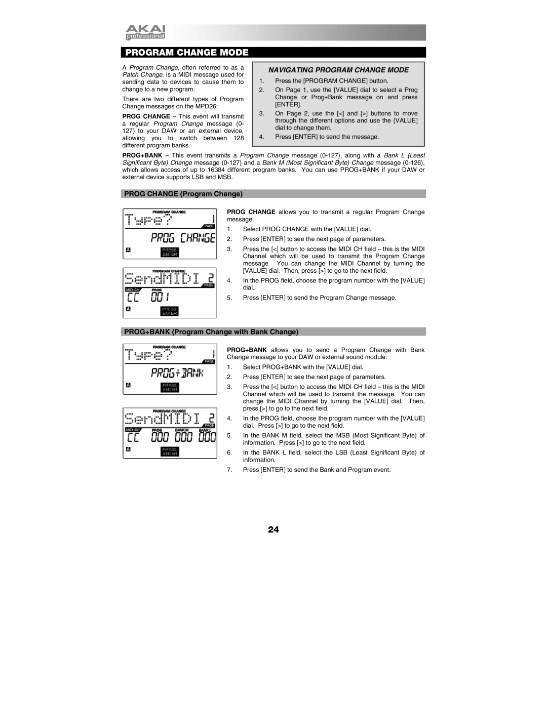 Akai MPD26 manual Navigating Program Change Mode 