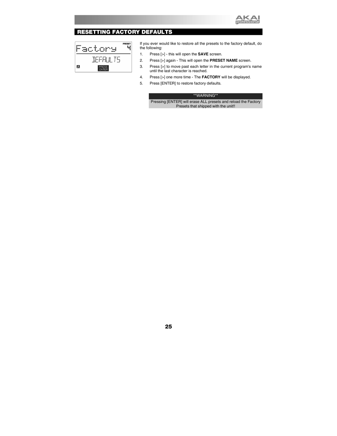 Akai MPD26 manual Resetting Factory Defaults 