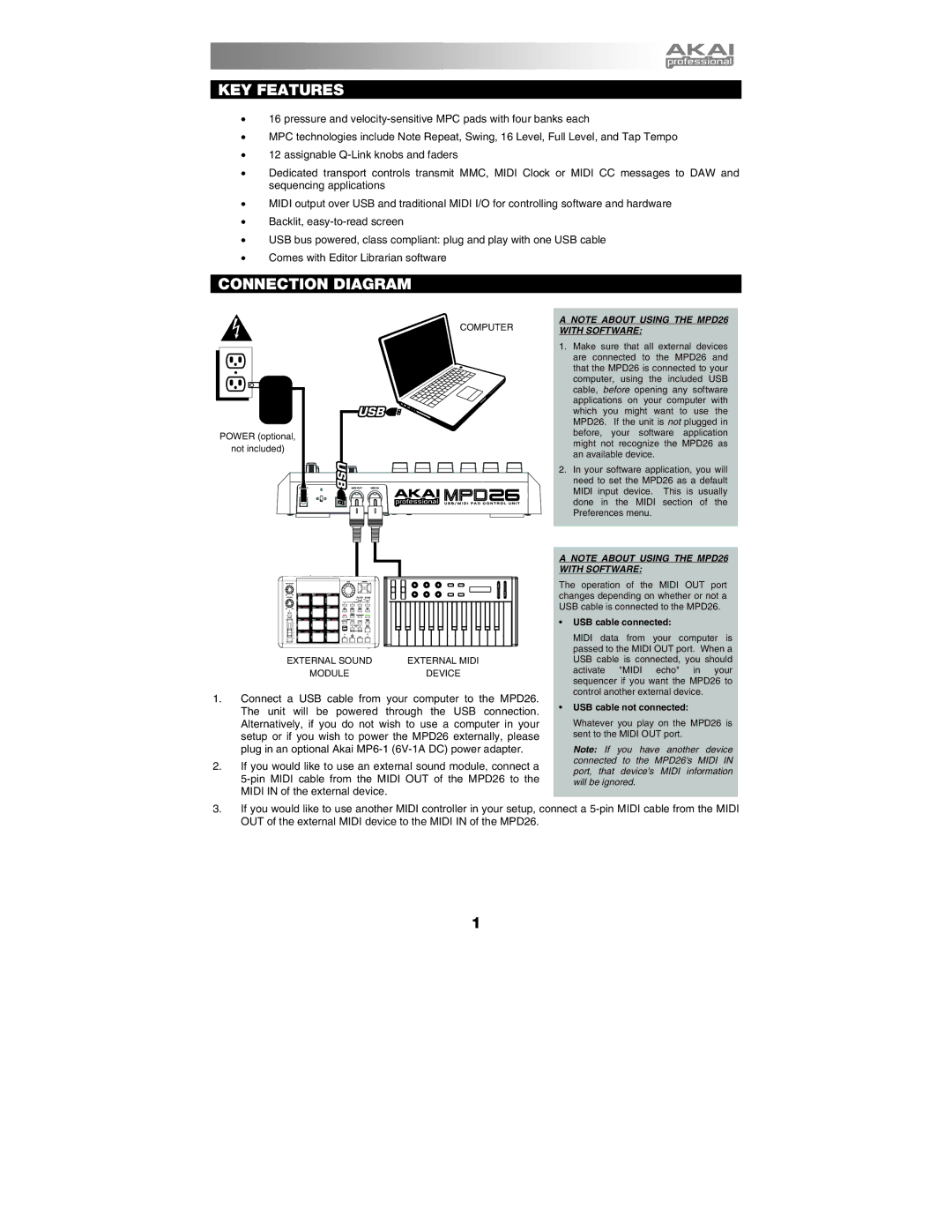 Akai MPD26 manual KEY Features, Connection Diagram 