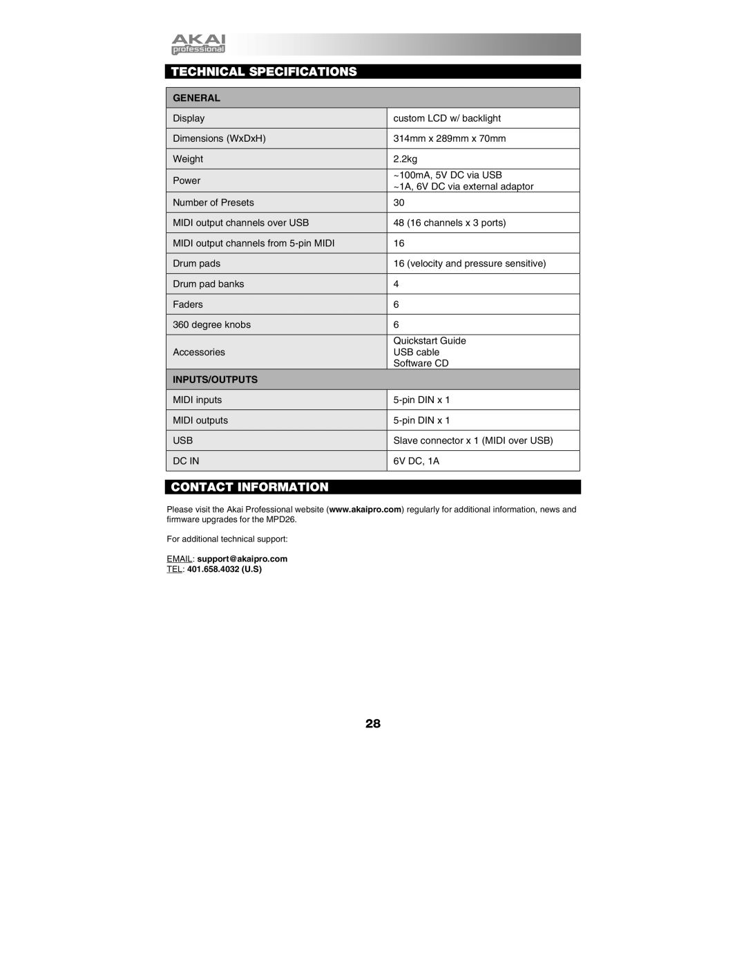 Akai MPD26 manual Technical Specifications, Contact Information, General, Inputs/Outputs 