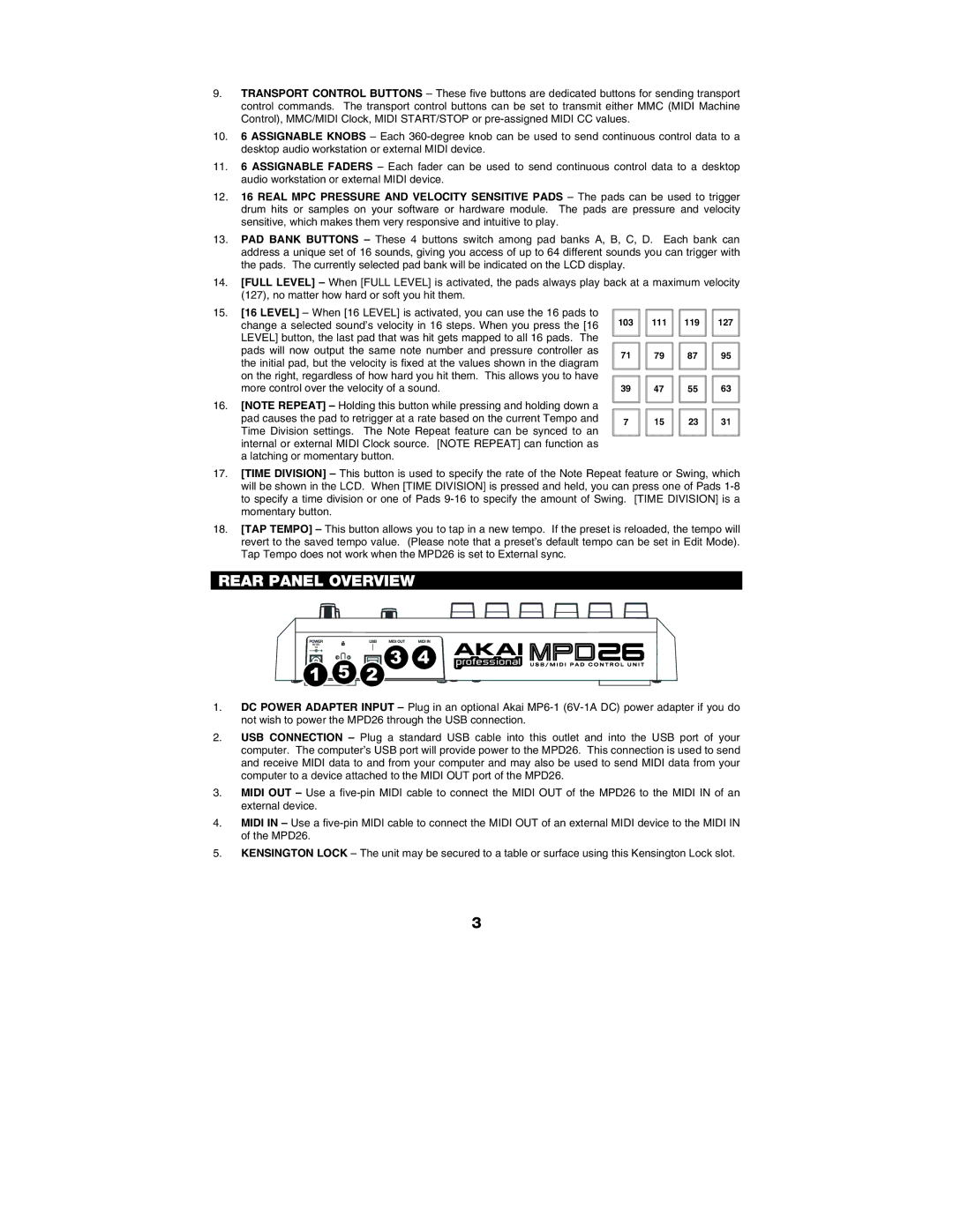 Akai MPD26 manual Rear Panel Overview 