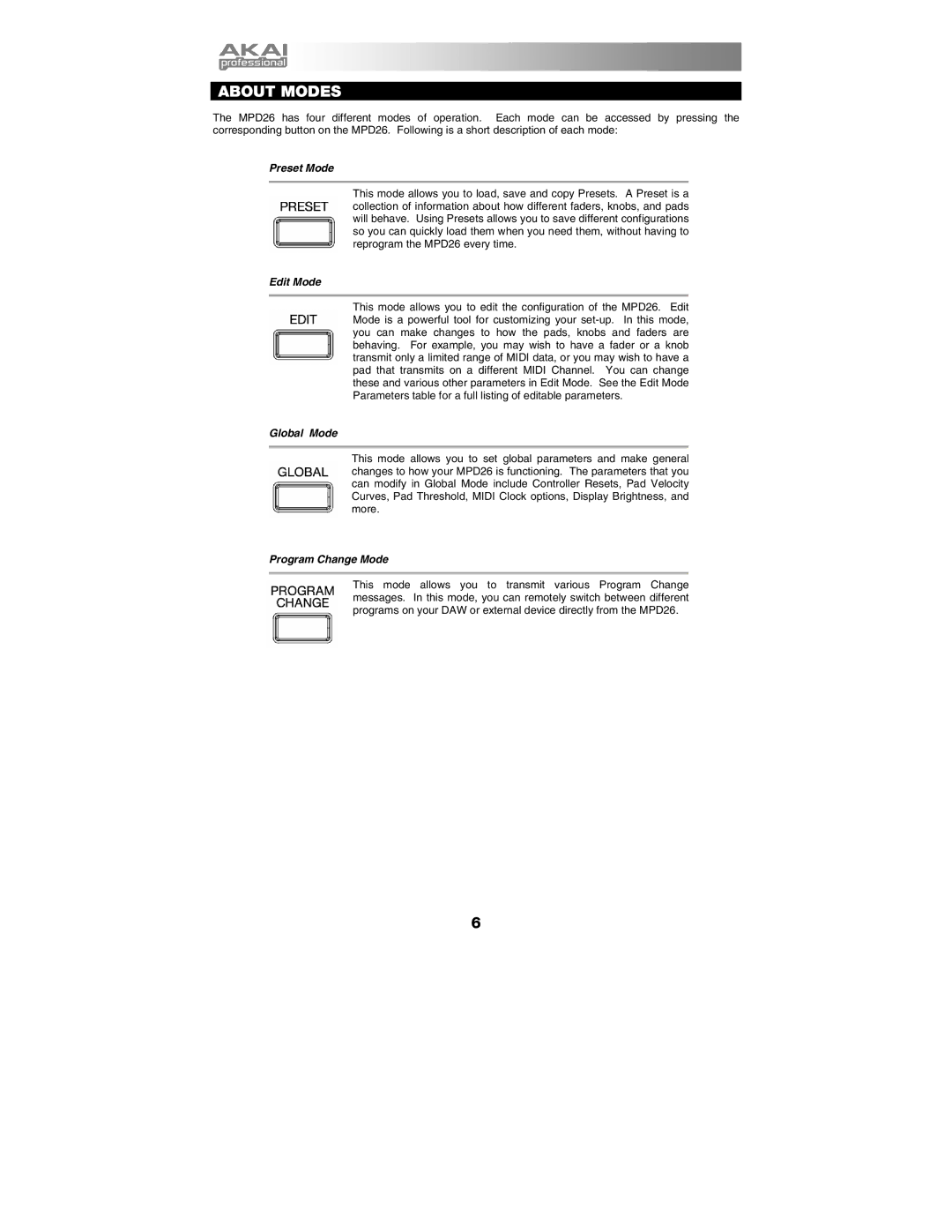 Akai MPD26 manual About Modes, Preset Mode 