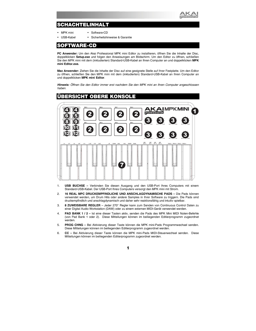 Akai MPK mini manual Schachtelinhalt, Software-Cd, Übersicht Obere Konsole 