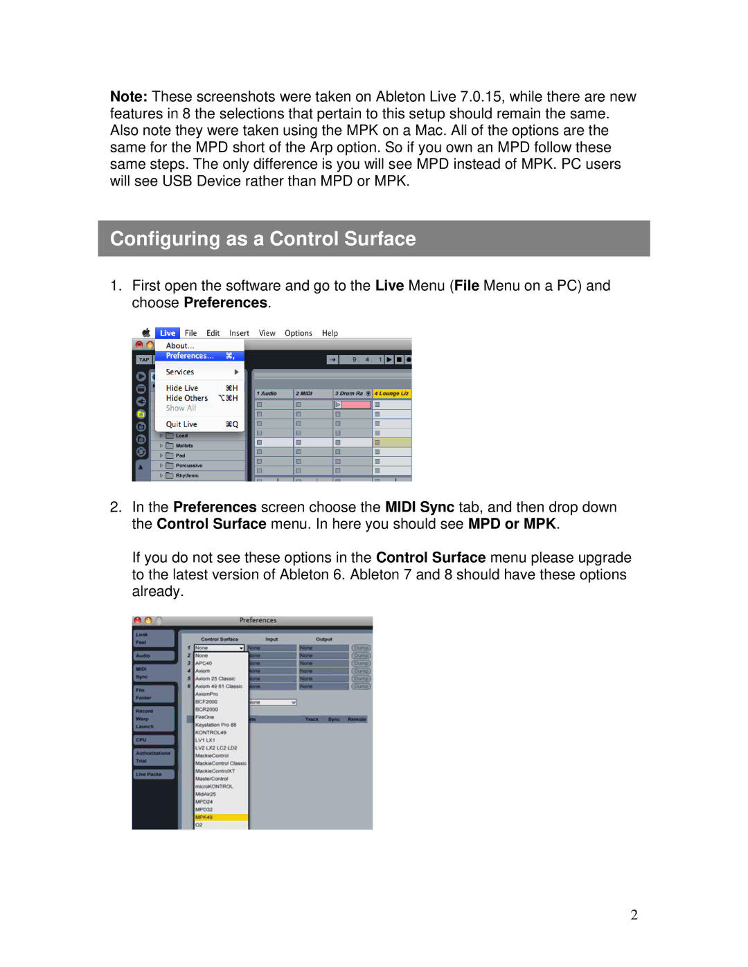 Akai MPK, MPD warranty Configuring as a Control Surface 