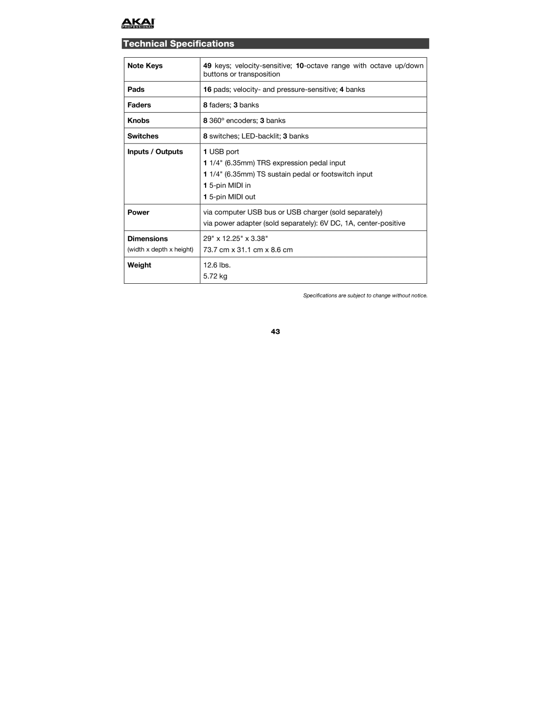 Akai MPK249 manual Technical Specifications 