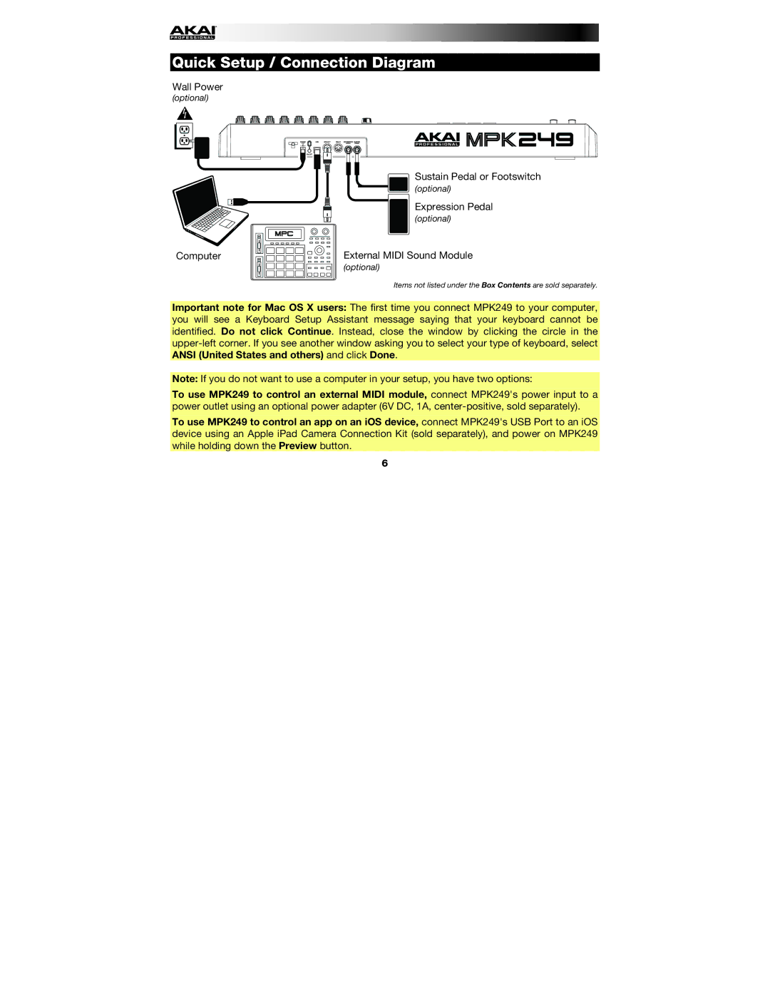 Akai MPK249 manual Quick Setup / Connection Diagram 