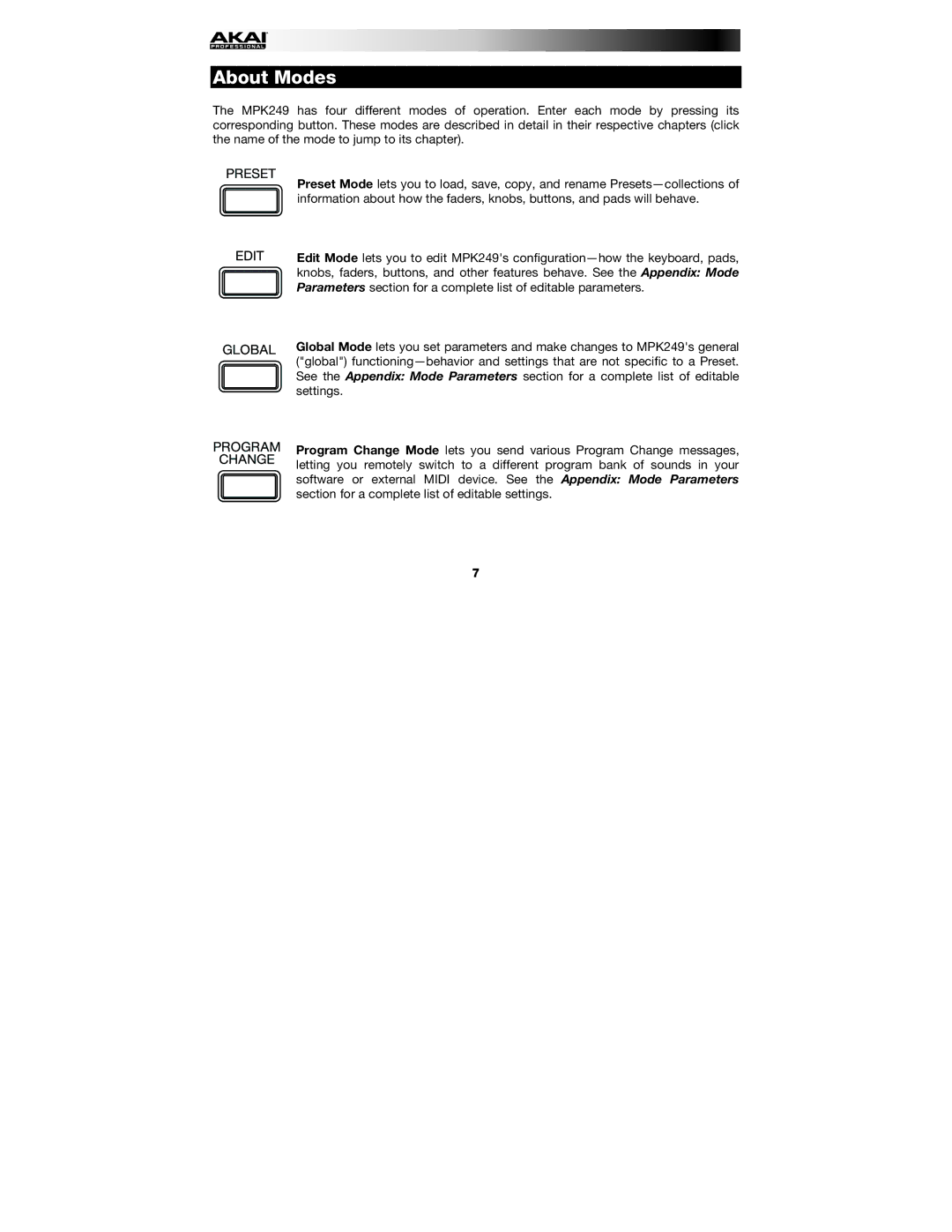 Akai MPK249 manual About Modes 