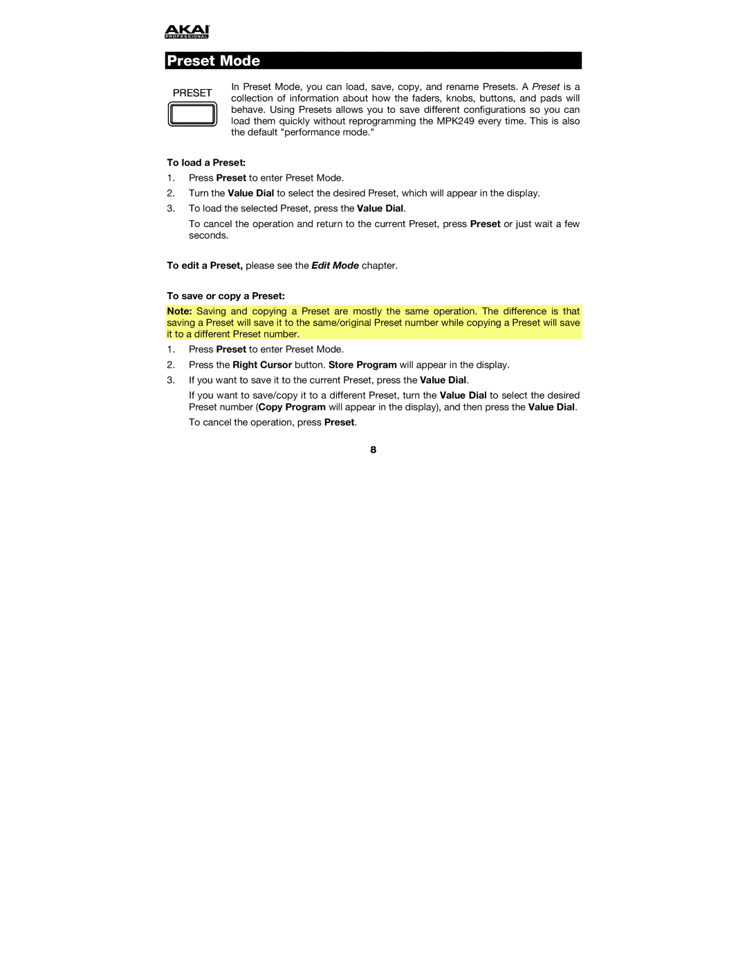 Akai MPK249 manual Preset Mode, To load a Preset, To save or copy a Preset 