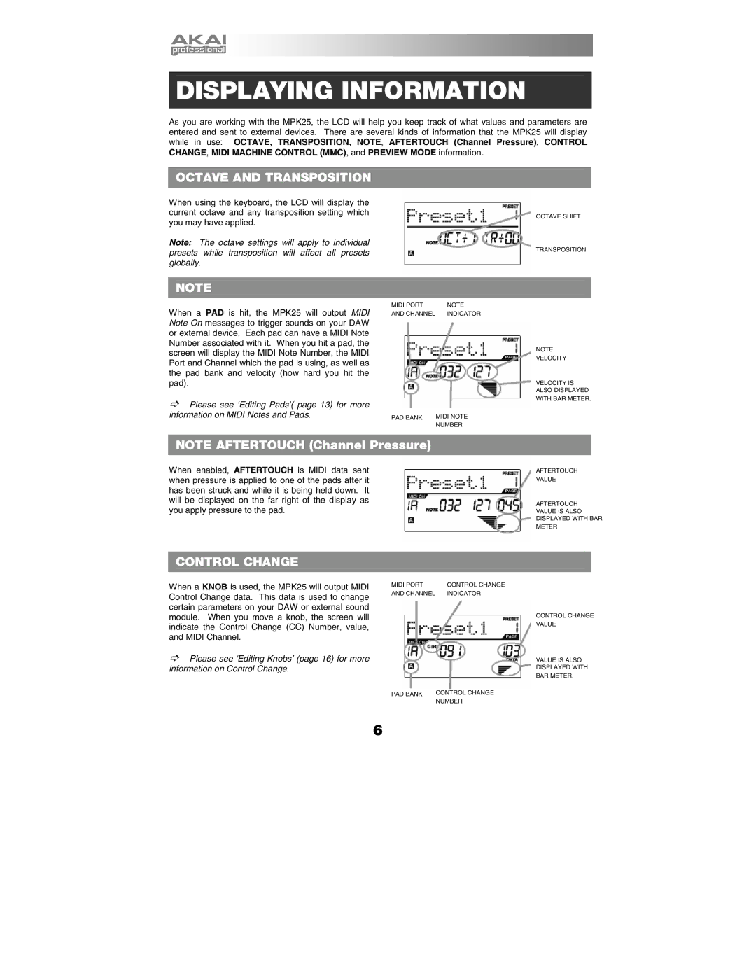 Akai MPK25 manual Displaying Information, Octave and Transposition 