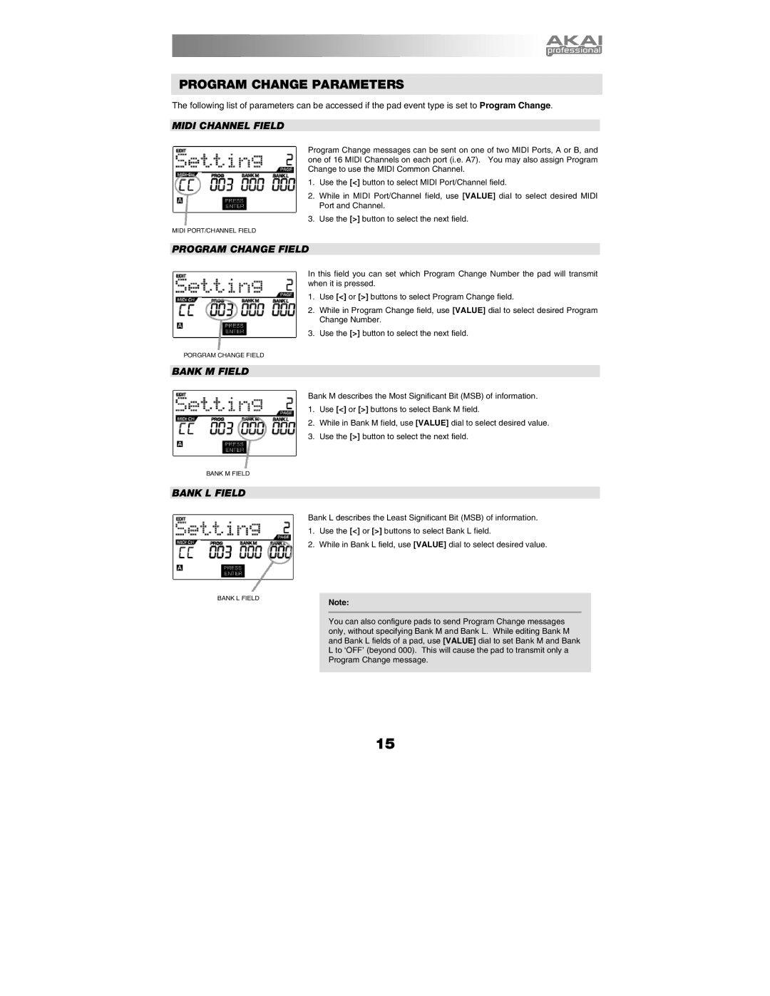 Akai MPK25 manual Program Change Parameters, Program Change Field, Bank M Field, Bank L Field 