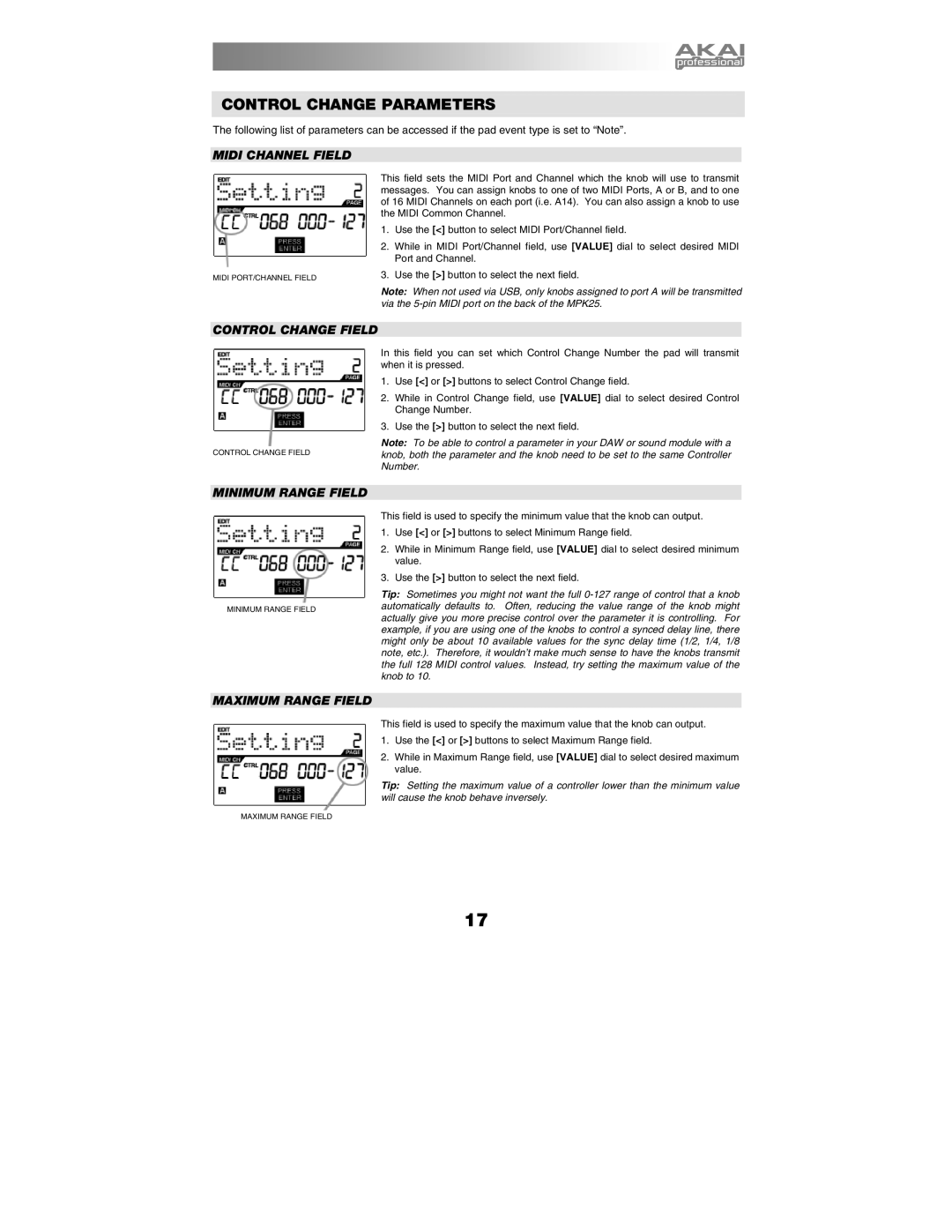 Akai MPK25 manual Control Change Parameters, Control Change Field, Minimum Range Field, Maximum Range Field 