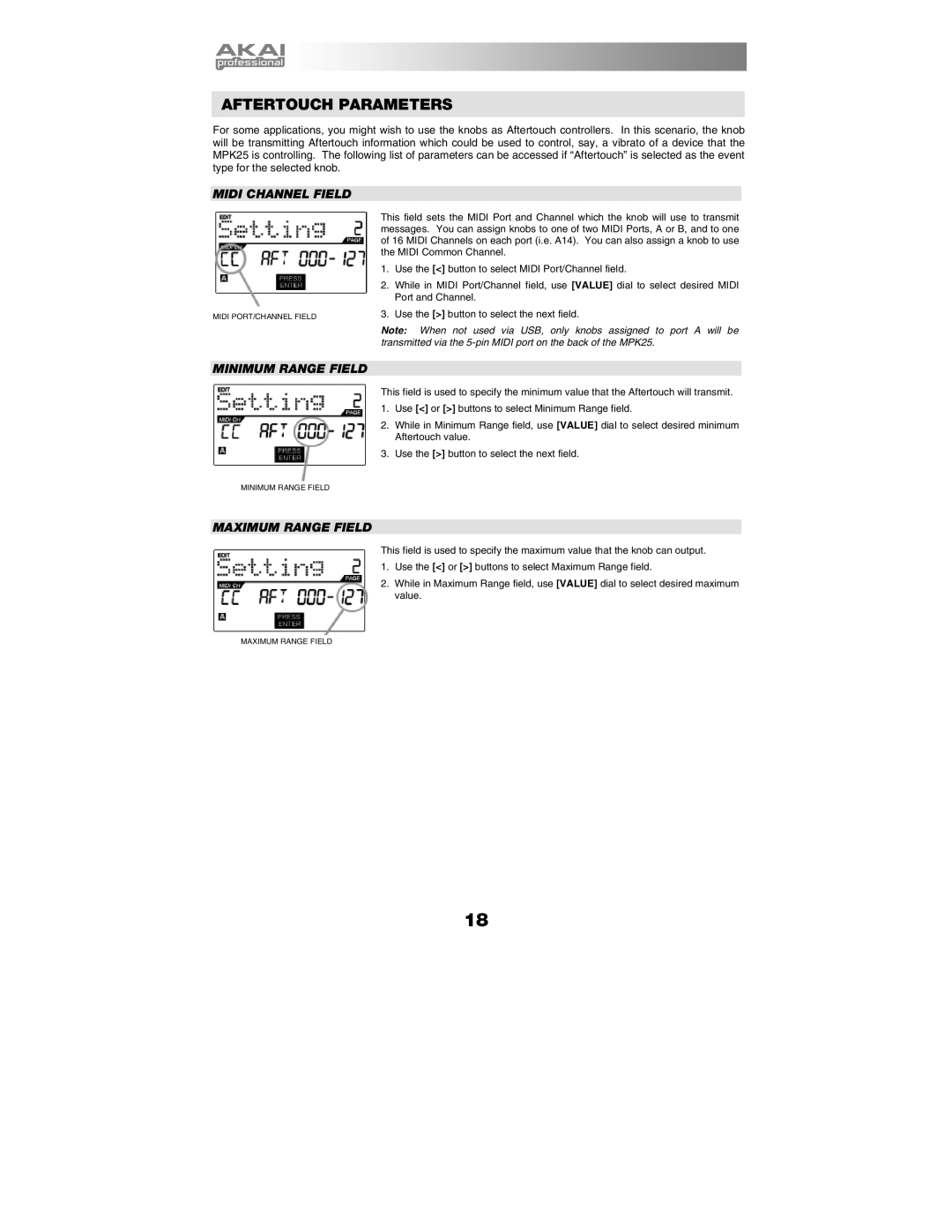 Akai MPK25 manual Aftertouch Parameters 