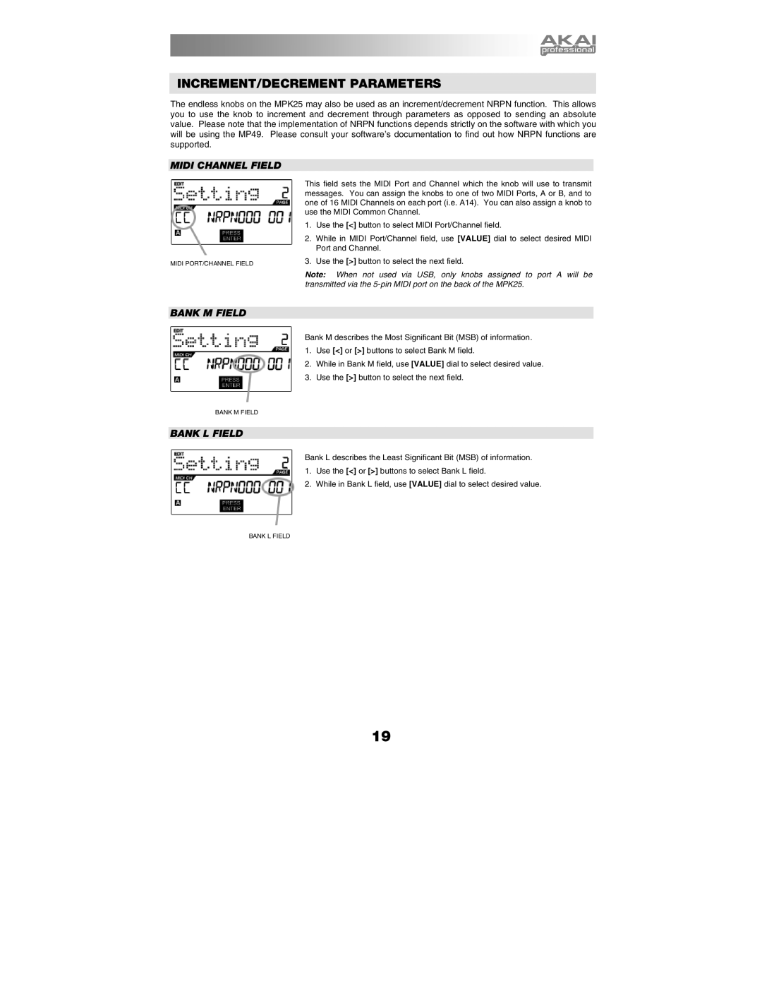 Akai MPK25 manual INCREMENT/DECREMENT Parameters, Bank M Field 