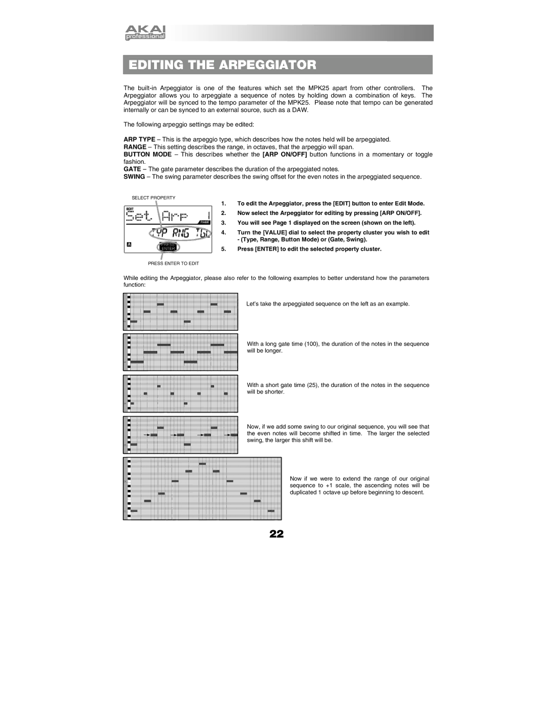 Akai MPK25 manual Editing the Arpeggiator 