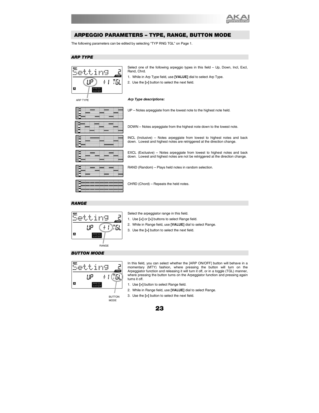 Akai MPK25 manual Arpeggio Parameters TYPE, RANGE, Button Mode, ARP Type, Range 