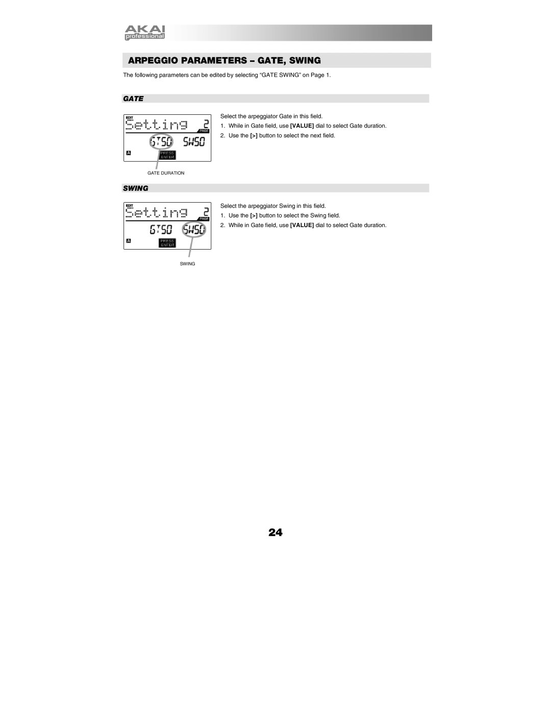 Akai MPK25 manual Arpeggio Parameters GATE, Swing, Gate 