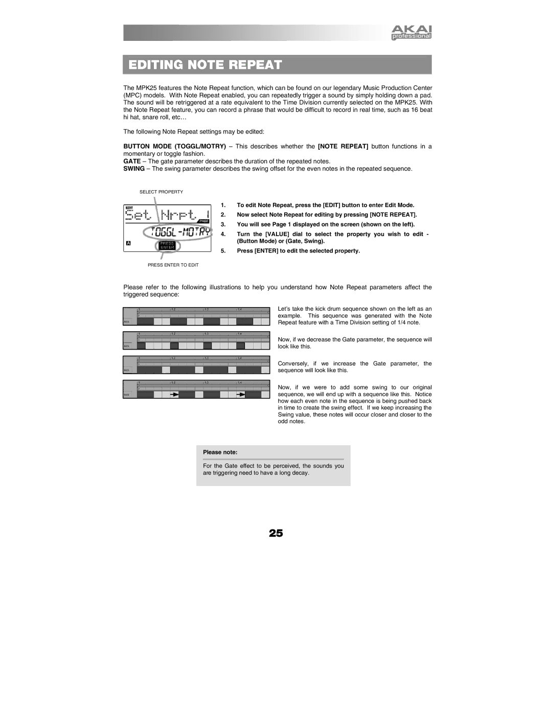 Akai MPK25 manual Editing Note Repeat, Please note 