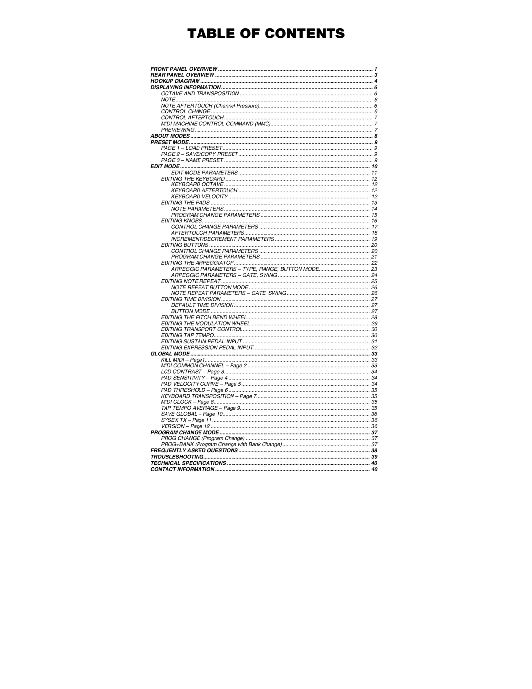 Akai MPK25 manual Table of Contents 