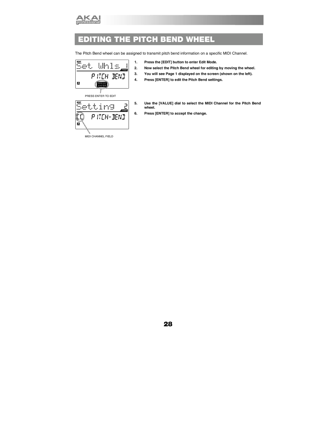 Akai MPK25 manual Editing the Pitch Bend Wheel 