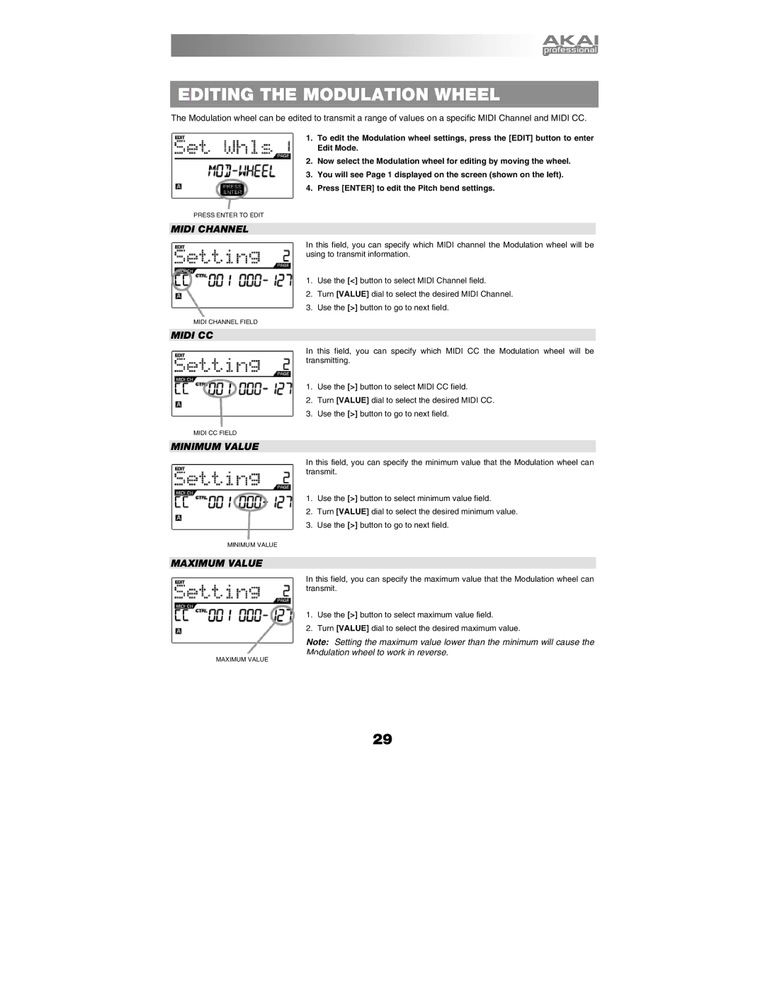 Akai MPK25 manual Editing the Modulation Wheel, Midi Channel, Midi CC, Minimum Value, Maximum Value 