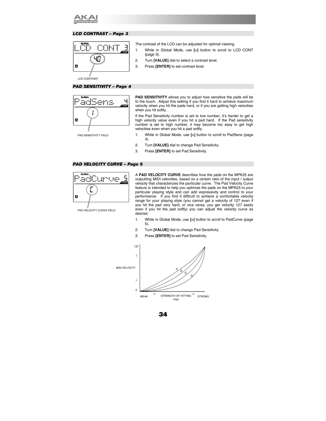 Akai MPK25 manual LCD Contrast 