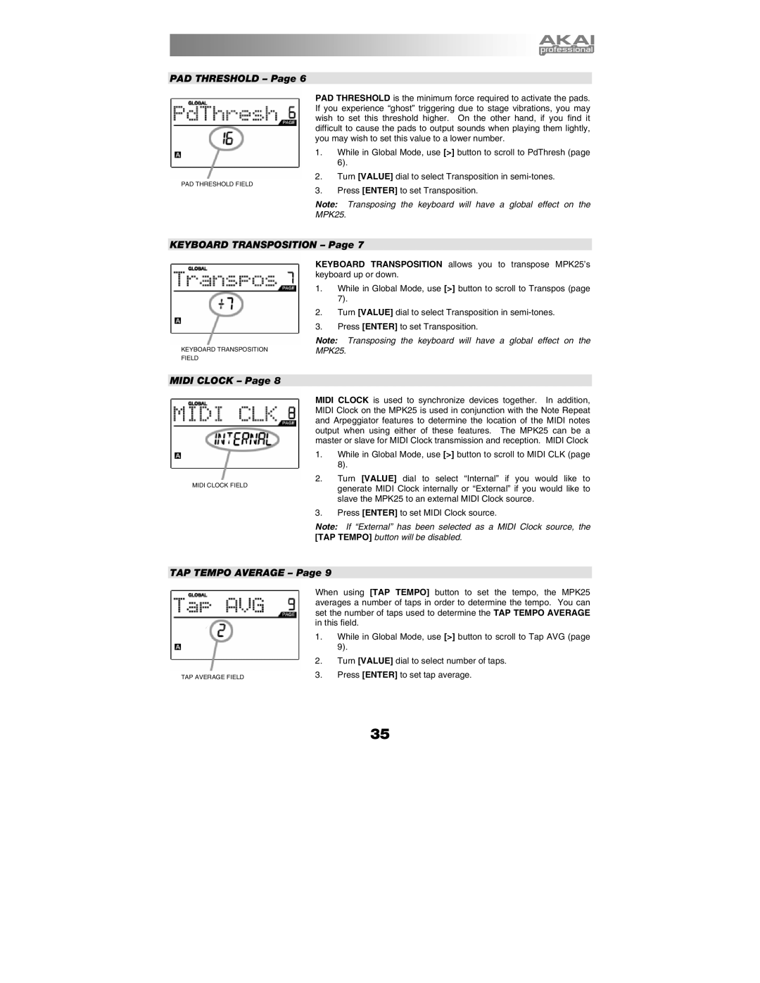 Akai MPK25 manual PAD Threshold 